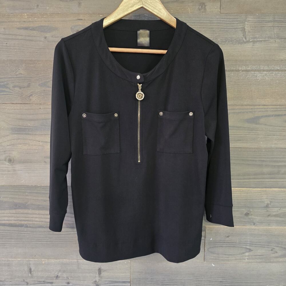 Anne Klein Women's Black Half Zip Pocket Front 3/4 Sleeve Blouse - M